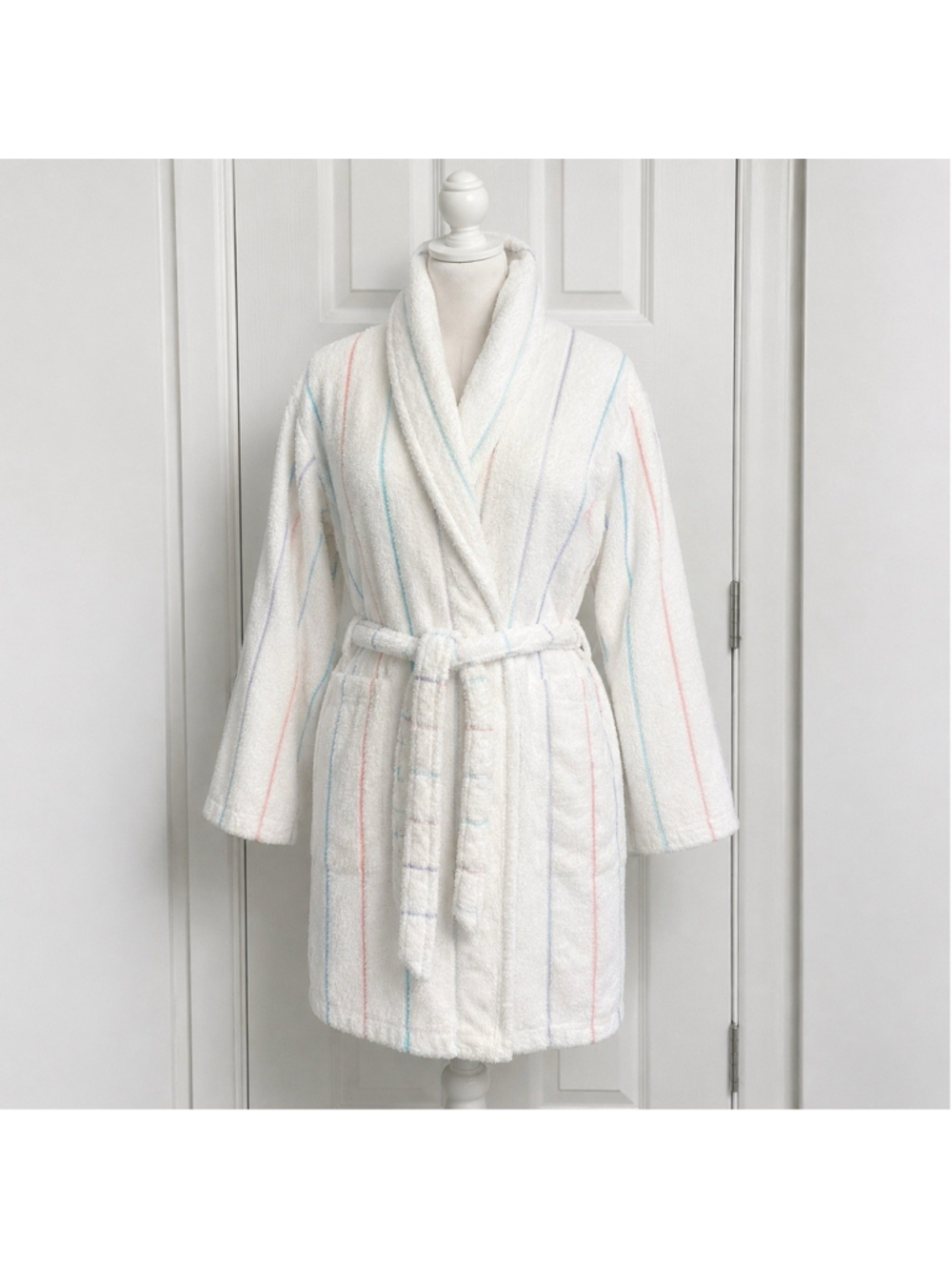 TJ Lawford Turkish Cotton Terry Spa Robe Pastel Stripe White Shawl L